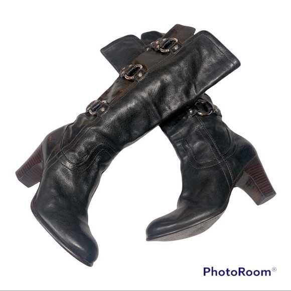 Frye Fiona Three Strap Black Leather Heeled Pull On Boots Sz 8M/7M - Picture 5 of 16
